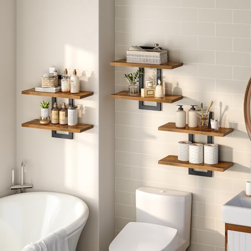 HOOBRO Floating Shelves, 15 Inch Wall Shelf Set of 3, Wall Mounted Storage Shelves 2-Tier, Hanging Bathroom Shelves, for Living Room, Bedroom, Bathroom, Kitchen, Rustic Brown and Black BF32BJP301 - color: Rustic Brown + Black