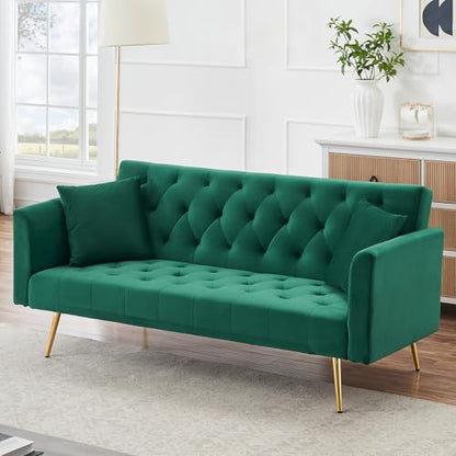 71" Modern Velvet Sofa Bed Futon, Convertible Sleeper Couch, Adj. Backrest | Tufted Recliner Loveseat Design with Golden Chrome Legs & 2 Pillows, Perfect for Small Spaces, Living Room, Apartment - color: Green