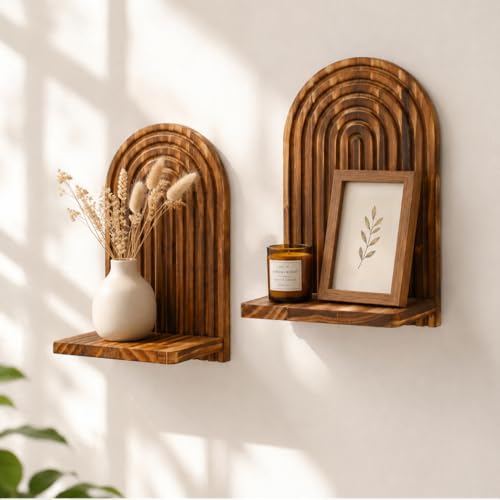 Artilady Shelf Boho Wall Decor, Solid Wood Mid-Century Shelves for Storage | Modern Rustic Plant Candle Holder, Arched Trinket Floating Shelves for Small Space, Hanging Bedroom Living Room Decor, 2 Pack - color: Dark Brown Wide