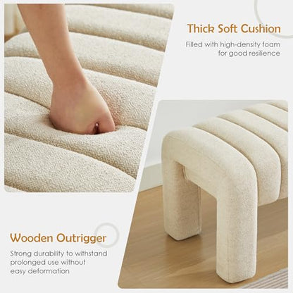 63" Bedroom Bench, Upholstered Entryway Bench, Modern End of Bed Ottoman with Solid Wood Legs and Adjustable Foot Pegs for Entryway, Dining Room and Living Room (Beige Linen) - color: Beige Linen, size: 63"