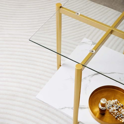 LumFurn Square Glass End Table, Mid-Century Modern Side Table for Living Room, L18xW18xH23inch, Clear Glass and White Marble MDF Wood, Gold Finish Frame - color: L18" Clear & White Marble