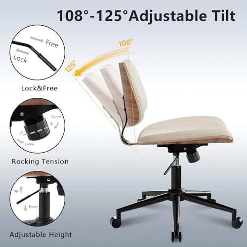 Modern Armless Office Chair with Wheels, Wide Seat Walnut, Beige | Adjustable Swivel Desk Chair with Mid Back & Tilt Function, Faux PU Leather Mid Century Modern Task Office Chair, 300LBS Cap - color: Beige, size: MCM Style Wide Seat