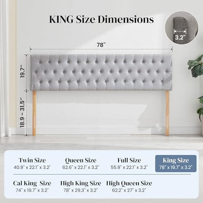 Headboards for King Size Bed in Modern Button Design, Premium Linen Fabric Upholstered Tufted Bed Headboard, Adjustable Solid Wood Head Board, Grey - color: Gray, size: King