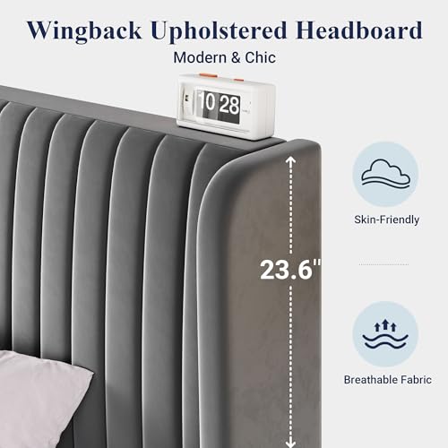 Allewie Queen Size Velvet Bed Frame/Vertical Channel Tufted Wingback Headboard/Upholstered Platform Bed/Strong Wooden Slats/No Box Spring Needed/Easy Assembly/Grey - color: Grey, size: Queen