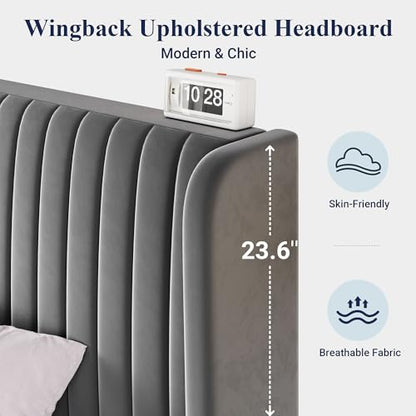 Allewie Full Size Velvet Bed Frame/Vertical Channel Tufted Wingback Headboard/Upholstered Platform Bed/Strong Wooden Slats/No Box Spring Needed/Easy Assembly/Grey - color: Grey, size: Full