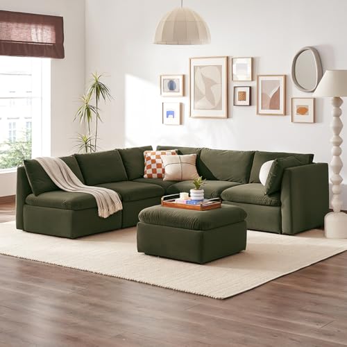 mopio Oversized Modular Sectional Sofa with Fully Removable Covers and Storage, Convertible U, L-Shaped and Sleeper Sectional, Modern Couches with Ottoman Chaise (Olive Green Velvet, 6 Seats, L) - color: [Gen 2] Olive Green Velvet, size: 6 Seats, L