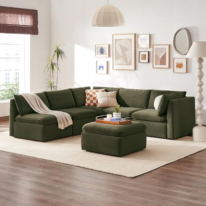 mopio Oversized Modular Sectional Sofa with Fully Removable Covers and Storage, Convertible U, L-Shaped and Sleeper Sectional, Modern Couches with Ottoman Chaise (Olive Green Velvet, 6 Seats, L) - color: [Gen 2] Olive Green Velvet, size: 6 Seats, L