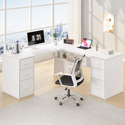 HSH L Shaped Desk with Drawers, White Corner Desk with Storage, 59 Inch | Large Home Office Corner Computer Desks with Storage File Cabinet, Modern Metal Wood Desks for Executive Writing Workstation - color: White Oak