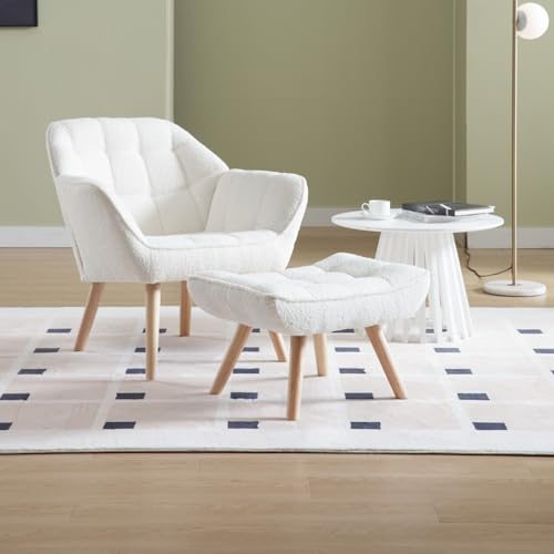 Modern Sherpa Accent Chair with Ottoman, Fluffy Upholstered Lounge Chair with Footrest, Comfy Living Room Side Boucle Armchair for Small Space Bedroom Apartment, White - color: White With Ottoman