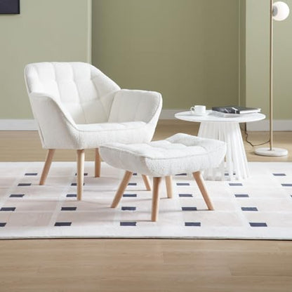 Modern Sherpa Accent Chair with Ottoman, Fluffy Upholstered Lounge Chair with Footrest, Comfy Living Room Side Boucle Armchair for Small Space Bedroom Apartment, White - color: White With Ottoman