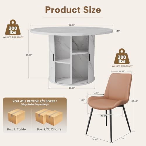 3-Piece Round Dining Table Set for 2, 47-Inch Modern Faux Marble Dining Table with Half-Open Storage Shelf, Upholstered Dining Chairs with Thick Cushions (White Faux Marble Table + 2 Brown Chairs) - color: White Faux Marble Table + 2 Brown Chairs-196, siz