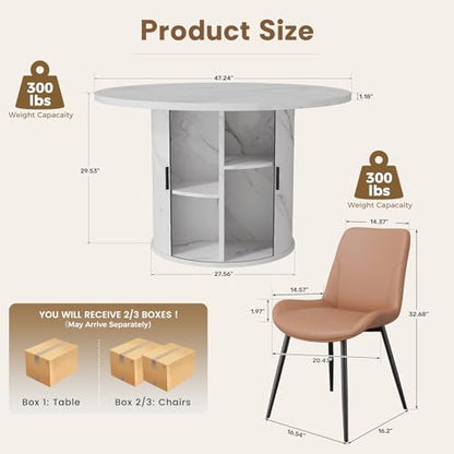 3-Piece Round Dining Table Set for 2, 47-Inch Modern Faux Marble Dining Table with Half-Open Storage Shelf, Upholstered Dining Chairs with Thick Cushions (White Faux Marble Table + 2 Brown Chairs) - color: White Faux Marble Table + 2 Brown Chairs-196, siz