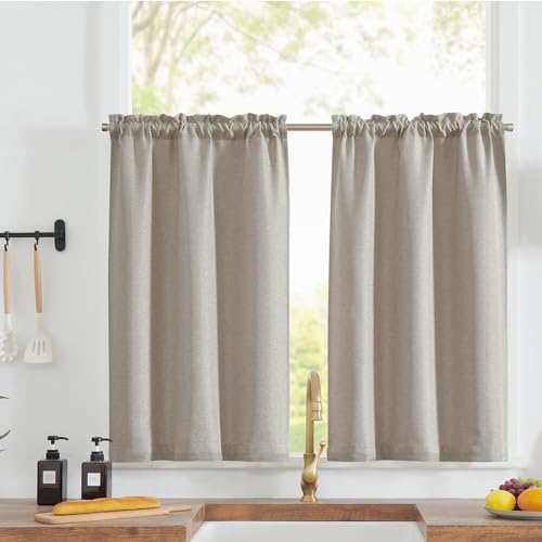 jinchan Beige Faux Linen Kitchen Tier Curtains 36 Inch Rod Pocket 2 Panels | Room darkening, cafe curtains for living room bedroom basement, small window, modern farmhouse, machine washable - color: Greyish Beige, size: 25"W x 36"L (Pack of 2)