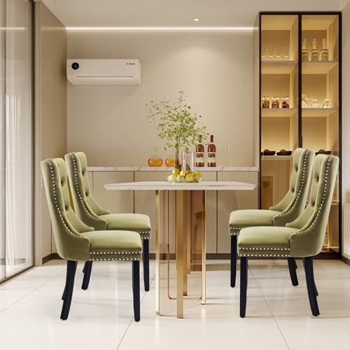 Velvet Upholstered Dining Chairs Set of 4, Modern Style Kitchen Side Chairs with Nailhead Trim and Wood Legs,Metal Pulling Ring for Dining Room Living Room(Olive Green,Set of 4) - color: Olive Green, size: Set of 4