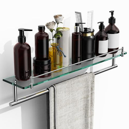 24-Inch Towel Rack with Shelves Tempered Glass Bathroom Shelves with Bar - Chrome Polished Modern Stainless Steel, Wall Mount Rustproof Tower Rail - color: Chrome Polished, size: 24-inch with Railing