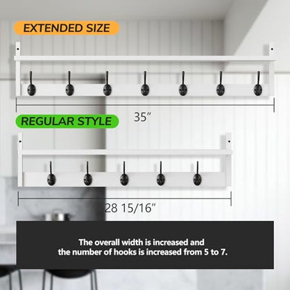 BAMEOS 35" L Wall Hooks with Shelf, Entryway Coat Hooks, Wood Wall Hanging Shelf, Wall-Mounted Coat Rack with 7 Dual Metal Hooks for Bathroom, Kitchen, Living Room, Bedroom (White) - style: White-35IN with shelf