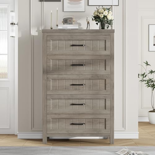 Jocoevol 5 Drawer Dresser for Bedroom - Farmhouse 44.9" Tall Chest of Dresser with Large Storage, Rubst Wood Construction for Living Room, Hallway & Entryway - Gray - color: Grey