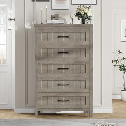 Jocoevol 5 Drawer Dresser for Bedroom - Farmhouse 44.9" Tall Chest of Dresser with Large Storage, Rubst Wood Construction for Living Room, Hallway & Entryway - Gray - color: Grey