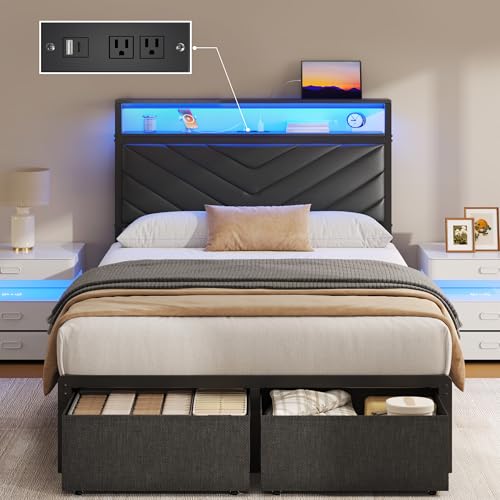 Twin Bed Frame with Upholstered Headboard, 2 Storage Drawers,Easy Assembly | Metal Platform with LED Lights, Charging Station, 2 Storage Shleves, No Box Spring Needed, Noise Free, Black - color: Black, size: Twin