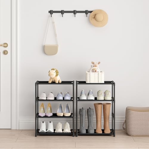 Autonomier 4 Tier Extra Small Shoe Rack (16.3" Wide), Space Saver Shelf | Kids Toddler Adult Shoe Storage Organizer, Narrow Stackable Shoe Organization Shelves, for Closet Floor Entryway Bedroom
