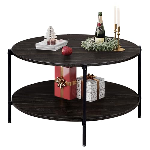 WLIVE Round Coffee Table for Living Room, 32.6" Small Coffee Table with Open Storage Shelf, 2-Tier Industrial Circle Wood Center Table for Bedroom, Home Office, Charcoal Black - color: Charcoal Black, size: 32.6"D x 32.6"W x 17.5"H