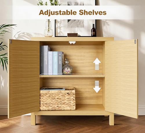 ZYBT Fluted Sideboard Buffet Cabinet, Mid Century Modern Accent Cabinet with 2 Doors and Adjustable Shelf, Storage Cupboard Credenza Console Table for Living Kitchen Dining Room Hallway (Oak) - style: 2Door Oak