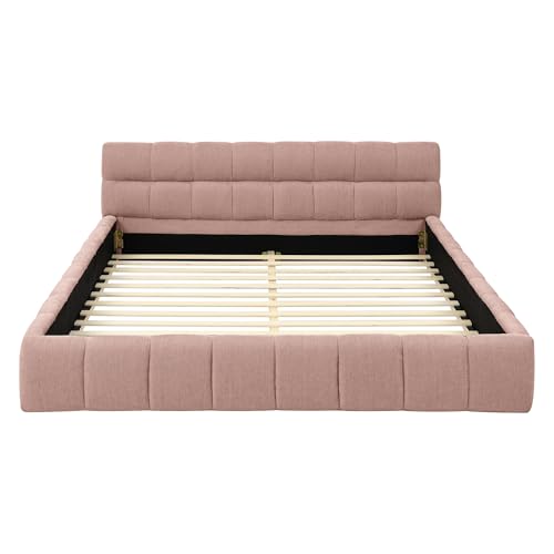Chenille Fabric Upholstered Platform Bed Frame with Soft Headboard, Modern Low Profile Grounded Design, No Box Spring Needed, Sturdy MDF & Wood Frame, Neutral Style (Pink, Queen (U.S. Standard)) - color: Pink, size: Queen (U.S. Standard)