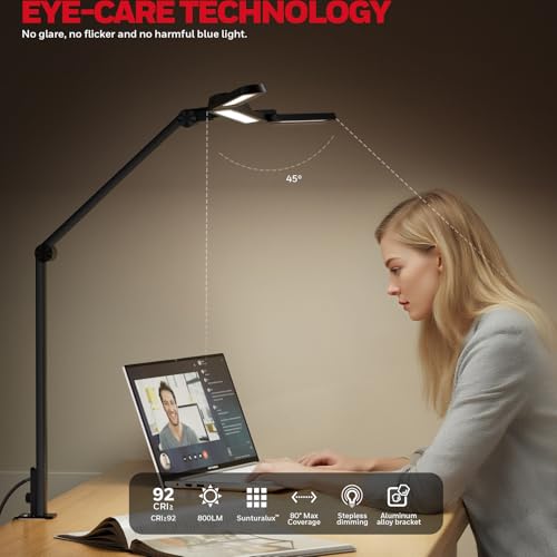 Honeywell Wide Desk Lamp with Clamp for Dual Monitors, 22W Full-Spectrum Eye-Caring LED Desk Lamp for Home Office, 3-Section Adjustable Architect Light for Large Desk, Stepless Dimming, 3000K-5700K