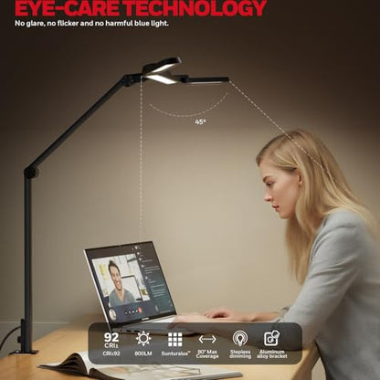 Honeywell Wide Desk Lamp with Clamp for Dual Monitors, 22W Full-Spectrum Eye-Caring LED Desk Lamp for Home Office, 3-Section Adjustable Architect Light for Large Desk, Stepless Dimming, 3000K-5700K