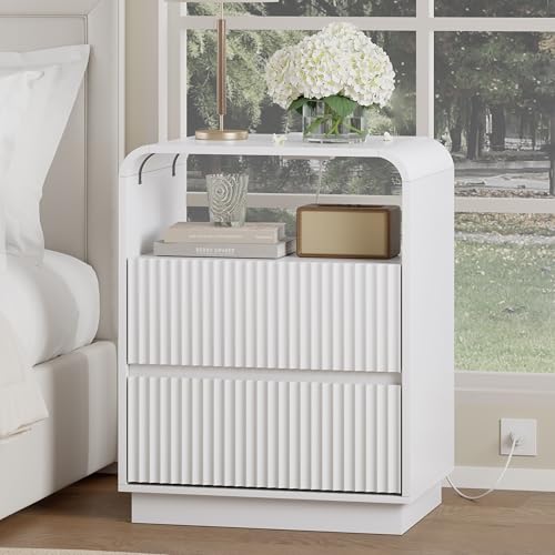White Nightstands Set of 2 with Charging Station, Mid Century Modern End Tables & Bedside Tables, Fluted Wood Small Night Stands with 2 Hidden Drawers and Storage Shelf for Bedroom - color: White, style: 2 Drawers-2 PCS