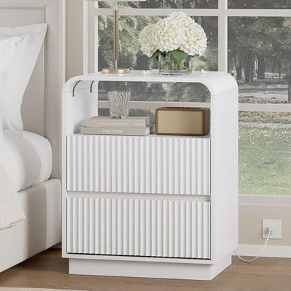 White Nightstands Set of 2 with Charging Station, Mid Century Modern End Tables & Bedside Tables, Fluted Wood Small Night Stands with 2 Hidden Drawers and Storage Shelf for Bedroom - color: White, style: 2 Drawers-2 PCS