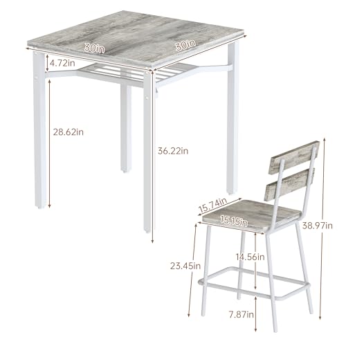 Hooseng 3 Piece Bar Table and Chairs Set, Counter Height Small Dining Table with 2 Bar Stools, Farmhouse Square Kitchen Table with Storage for Bistro, Pub, Small Space - color: Grey