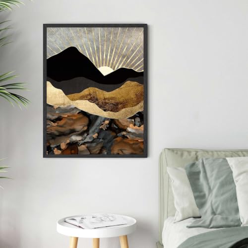 Black Framed Abstract Gold Mountain Sun Retro Poster�� Canvas Print Art�� Modern Minimalist Aesthetic Wall Art Painting Pictures Wall Decor�� Elegant Home Decor�� Living Room (Black frame,8''L*12''W) - size: 8''L*12''W