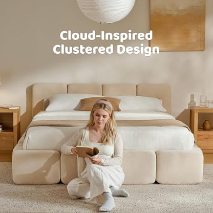 RECCI Queen Upholstered Platform Bed Frame with Plush Cloud Design | Cloud-Inspired Design, Upholstered Headboard & Footboard, Grounded Low Profile Design, Easy Assembly, No Box Spring Required - size: Queen
