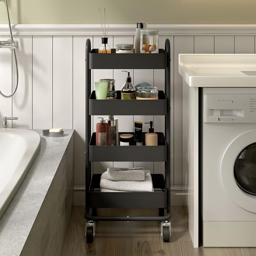 4-Tier Metal Rolling Cart with Wheels,4 Tier Utility Cart with Wheels for Office,Home,Kitchen,Garden（13.4"x18.1"x40"） Black - color: Black, size: 40"H