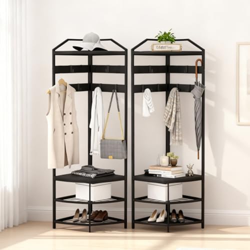 GarveeHome Corner Coat Rack, Coat Rack with 4 Shelves, Shoe and Coats Racks for Entryway, Heavy Duty Coats Racks with 6 Movable Hooks, Entryway Hall Tree for Hallway Bedroom and Office Black