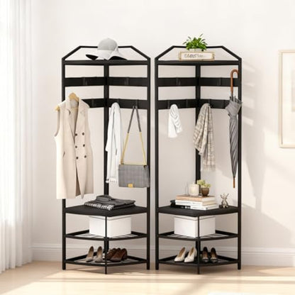 GarveeHome Corner Coat Rack, Coat Rack with 4 Shelves, Shoe and Coats Racks for Entryway, Heavy Duty Coats Racks with 6 Movable Hooks, Entryway Hall Tree for Hallway Bedroom and Office Black