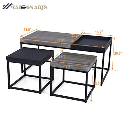 MAISON ARTS Nesting Coffee Table Set of 3, Wood-Like and Black | Rectangle Center Table, Morden Living Room Coffee Table and End Table Sets for Home Indoor Use - color: Wood-like&black