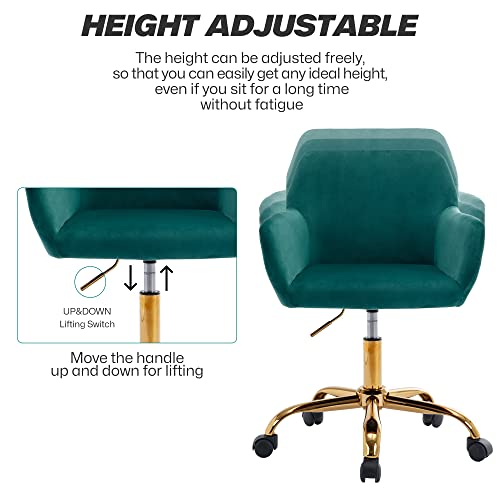 Velvet Makeup Vanity Chair,Home Office Desk Chair with Wheels, Green | Fluffy Swivel Modern Armchair Upholstered Fuzzy Height Adjustable for Teens Women Girls Elegant for Living Room Bedroom - color: Green