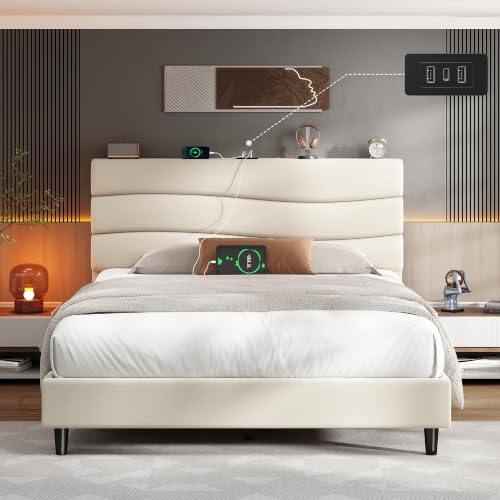 EnHomee Full Size Bed Frame with Upholstered Headboard & Charging Station | Adjustable height, Wave design, 2 USB & 1 Type-C ports, Under-bed storage, Noise-free, No box spring needed, Beige - color: Beige, size: Full