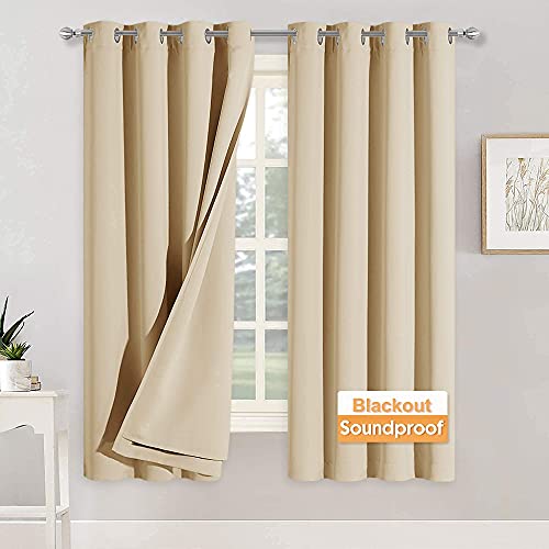 RYB HOME Soundproof Curtains for Bedroom - Light Block Noise Reducing Curains 3 Layers Inside Detachable Felt Liner Acoustic Drapes for Living Room, W 52 x L 63, Biscotti Beige, 1 Pair | Thermal Insulated, Energy Efficiency Heavy Duty, Grommet, For Kids R