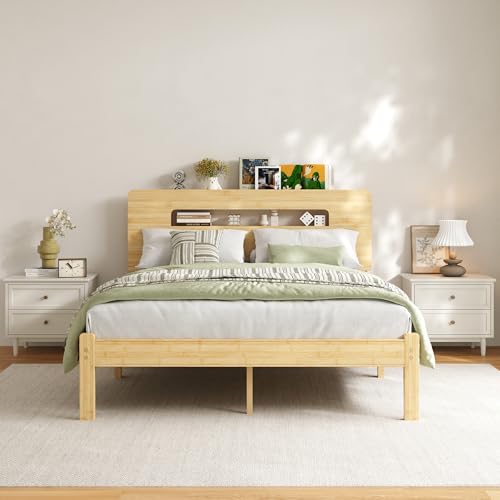 Solid Bamboo Wood Queen Bed Frame with Storage Headboard, 12 inch Platform Bed Frame Queen No Box Spring Needed with Steel Slats, Sturdy and Stable, Easy Assembly, Noise Free - color: Natural, size: Queen (U.S. Standard), style: 12 INCH