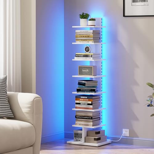 TUTOTAK Book Shelf, Narrow Spine Bookshelf, 8-Tier Bookcase with LED Lights | 10.4 x 13.4 x 47.5 Inches Vertical Freestanding Corner Shelf for Living Room, Office, Small Space, White BS06BW008L - color: White（led Ligths）