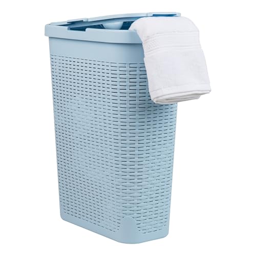 Mind Reader Slim Laundry Hamper with Lid, 40L Clothes Basket, Narrow Tapered Design with Ventilated Cutout Pattern, Plastic, Baby Blue - color: Baby Blue, size: Single