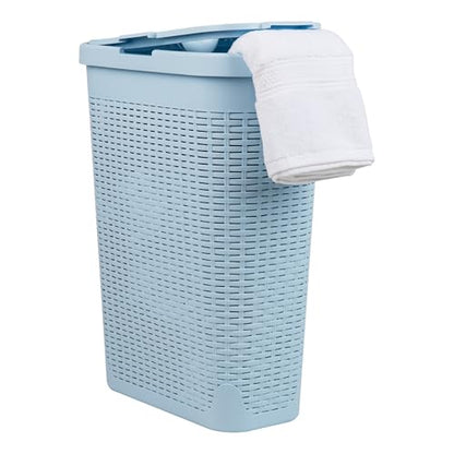 Mind Reader Slim Laundry Hamper with Lid, 40L Clothes Basket, Narrow Tapered Design with Ventilated Cutout Pattern, Plastic, Baby Blue - color: Baby Blue, size: Single