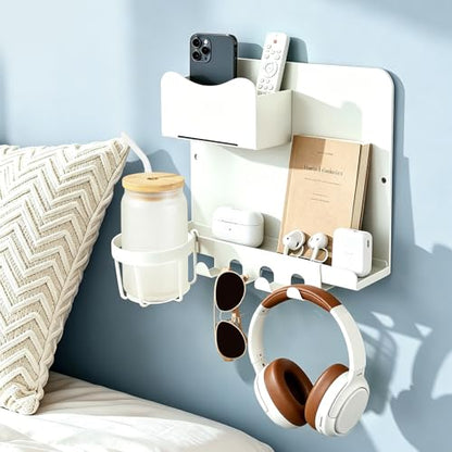 Metal Bedside Wall Shelf with Cup Holder, No Drill Floating Bedside Shelf Organizer, Wall Mounted Nightstand Alternative for Bedroom, Dorm, Bunk Bed, Loft Bed & Small Spaces, White