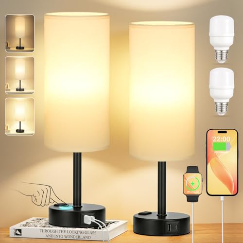 Touch Bedside Table Lamps Set of 2 - Bedroom Lamp with USB A+C, AC Outlet | 3-Way Dimmable, LED Bulb Included, White Fabric Lampshade, Matte Black Metal Base & Pole, 14" Small Nightstand Lamp for Desk - color: White Shade Black Base, size: 14.0In