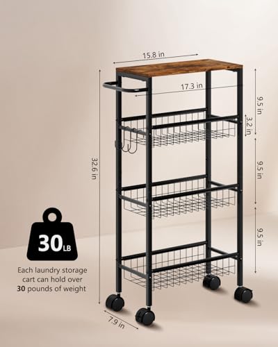 Rolling Utility Cart, 4-Tier Slim Narrow Storage Cart with Wheels for Kitchen, Laundry Room Organization, Metal Bathroom Organizer with Wood Top, Brown, 17.3" x 7.9" x 32.6"