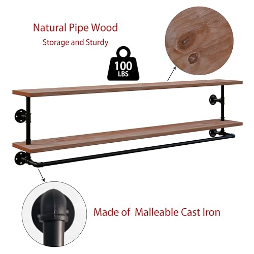 Clothes Rack 70in, 2-Tier Wall Mounted Garment Rack with Real Wood Shelf, Heavy Duty Hanging Clothes Rack, Multi-Purpose Hanging Rod, Space-Saving Closet Storage - color: Brown, size: 2T70IN