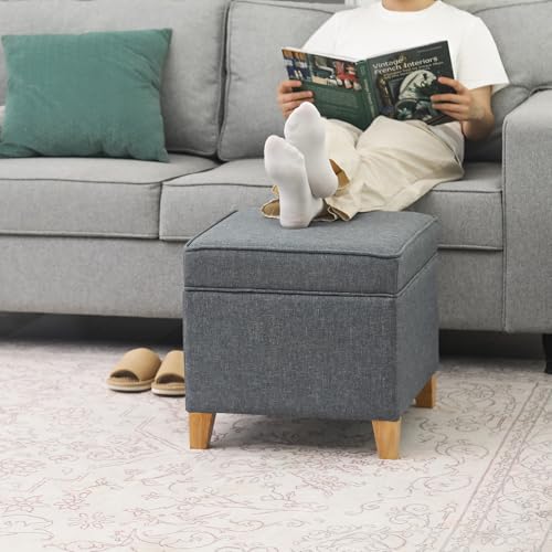 Linen Storage Ottoman, 17.5 Inch Square Upholstered Footrest Stool with Hinged Lid for Living Room, Bedroom & Entryway, Small Cube Accent Foot Stool, Grey with Natural Wood Legs - color: Grey With Burlywood Legs